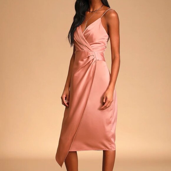 Lulus Quite Likely Rose Pink Satin Asymmetrical Midi Dress Size Small - Picture 8 of 10